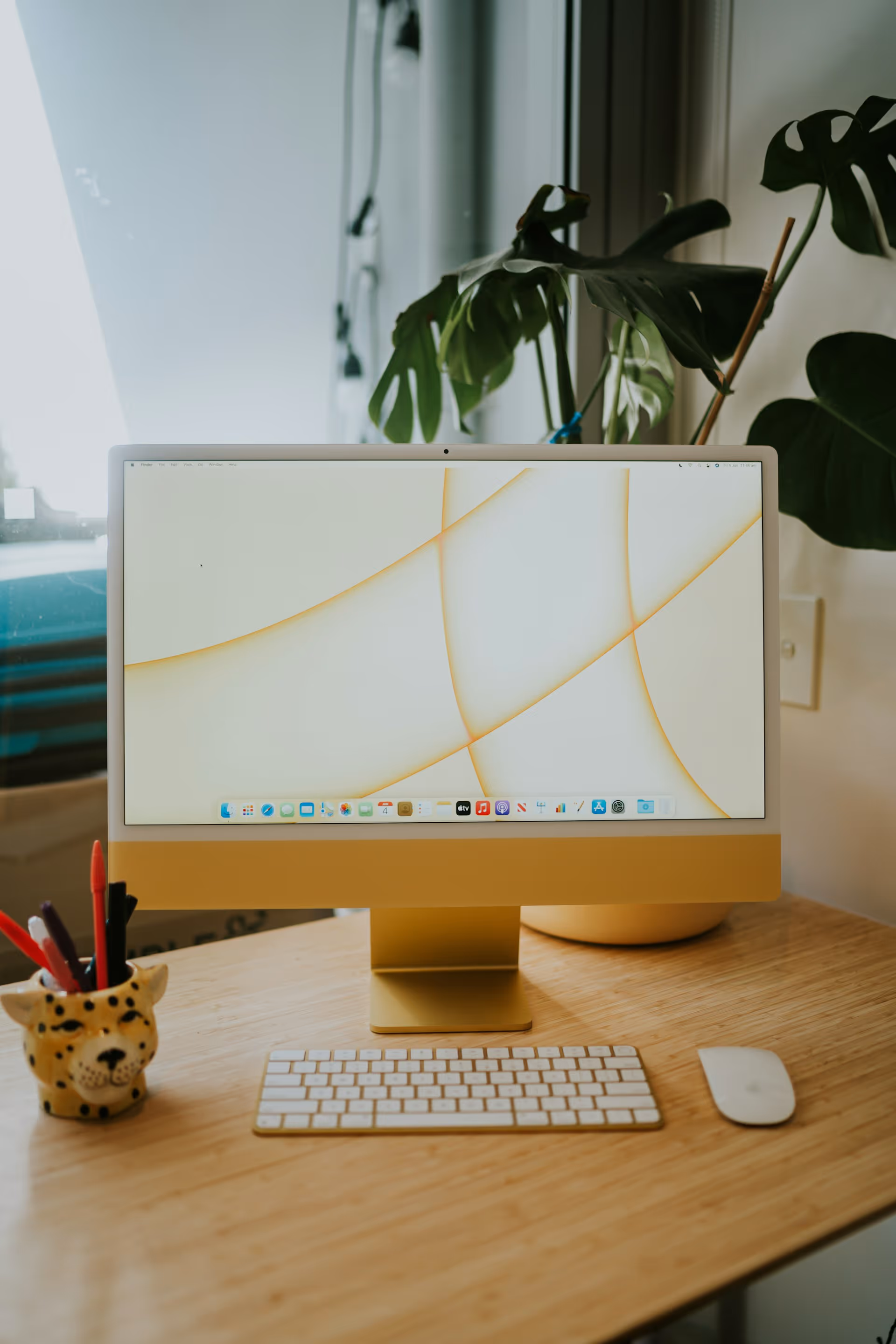 Gold iMac computer with white keyboard and mouse on wooden desk beside a plant and a leopard-print pen holder.