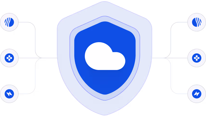Central blue shield with white cloud icon connected by lines to six smaller circular icons on each side.