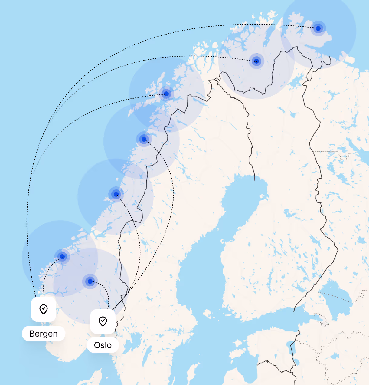 Map of Norway with marked locations connected by dashed lines, highlighting Bergen and Oslo.