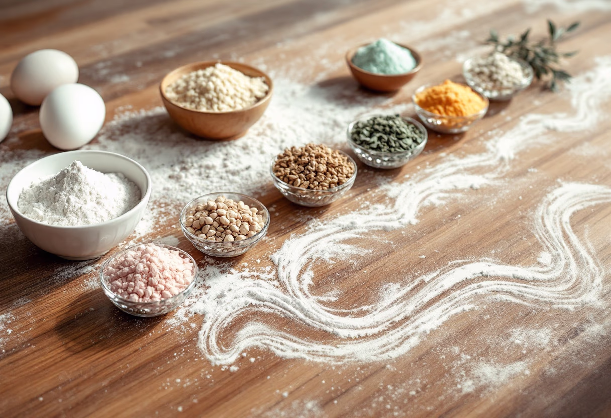 [background image] image of baking ingredients on a table (for a bakery)