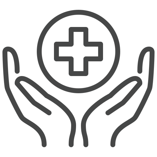 Two hands holding a circle with a medical cross inside, symbolizing healthcare support.