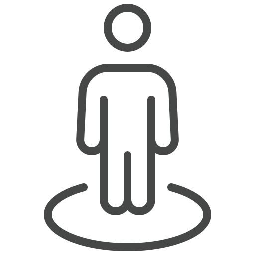 Gray outline icon of a person standing inside a circle on a transparent background.
