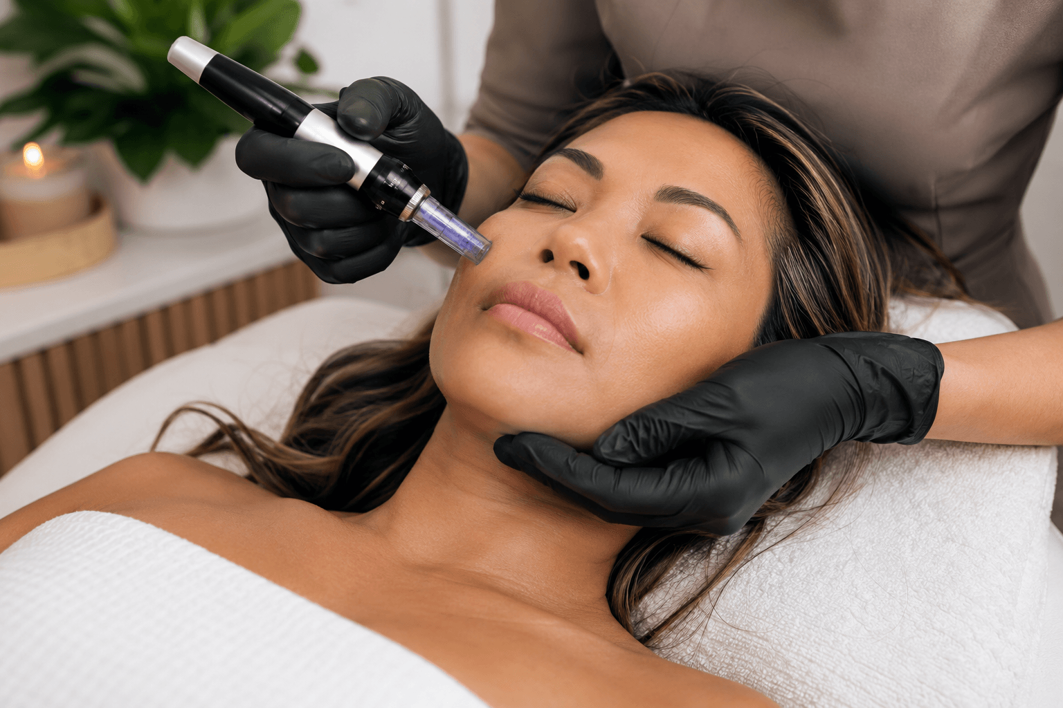 Woman receiving microneedling treatment for collagen stimulation in Honolulu Hawaii medical spa