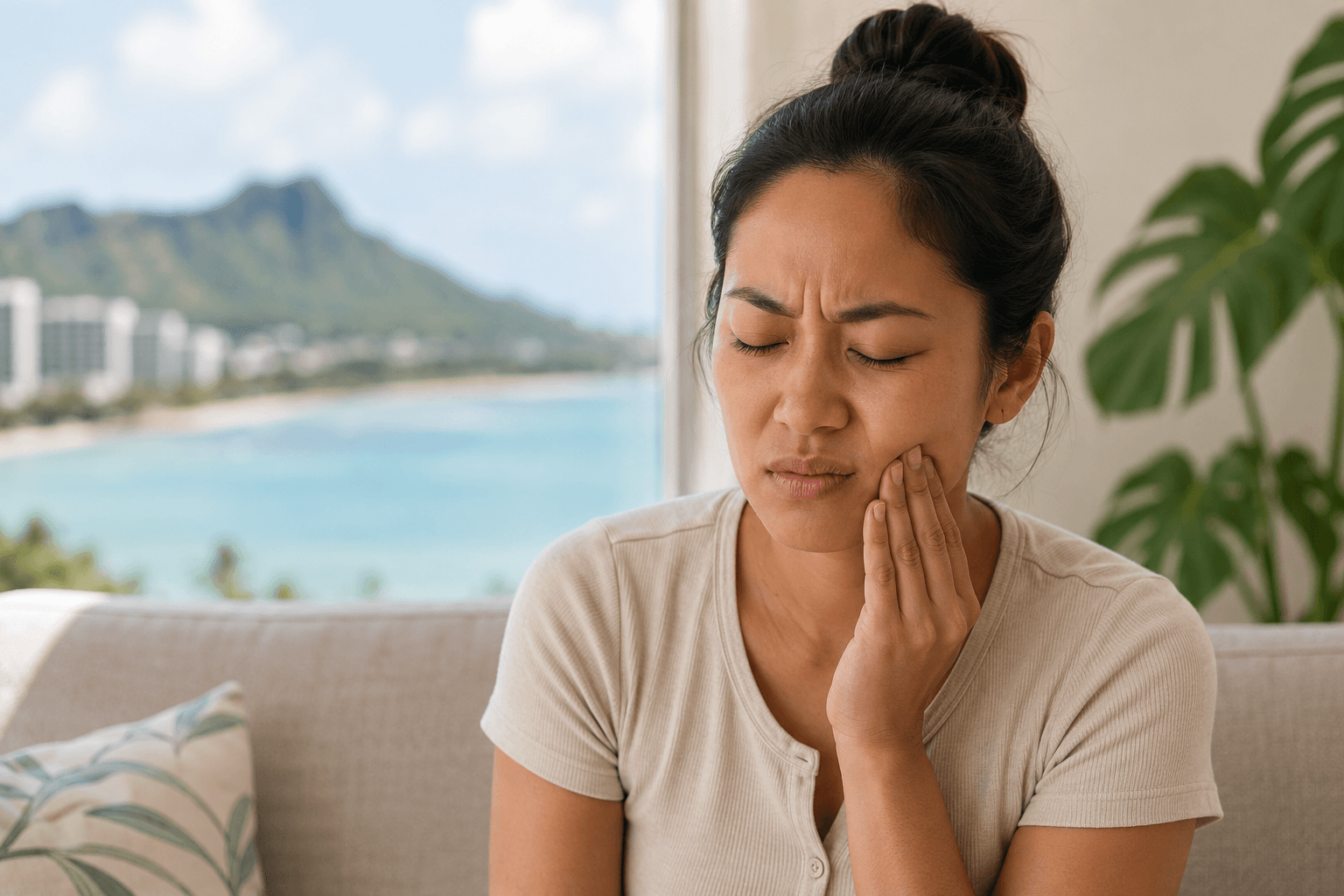 Woman in Honolulu, Hawaii experiencing jaw pain and TMJ tension symptoms