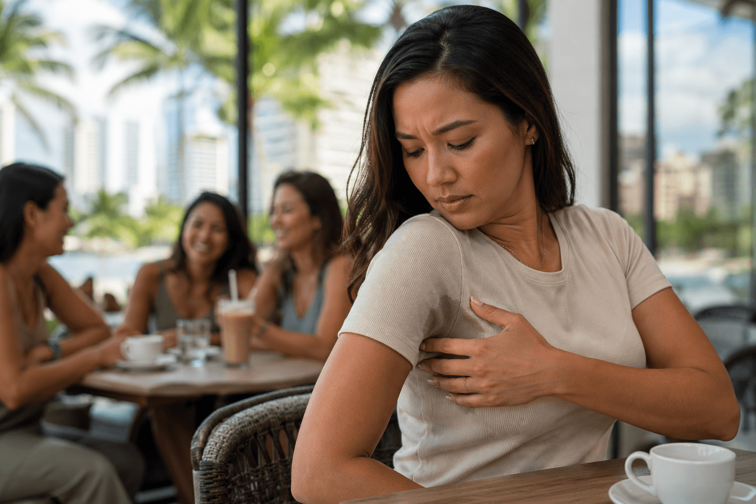 Woman in Honolulu, Hawaii experiencing hyperhidrosis and feeling self-conscious in a social setting