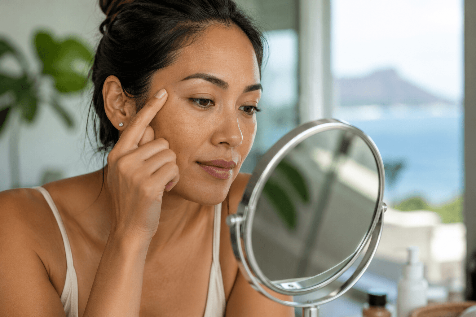 Woman in Honolulu, Hawaii examining early fine lines in mirror considering Botox treatment for smoother skin