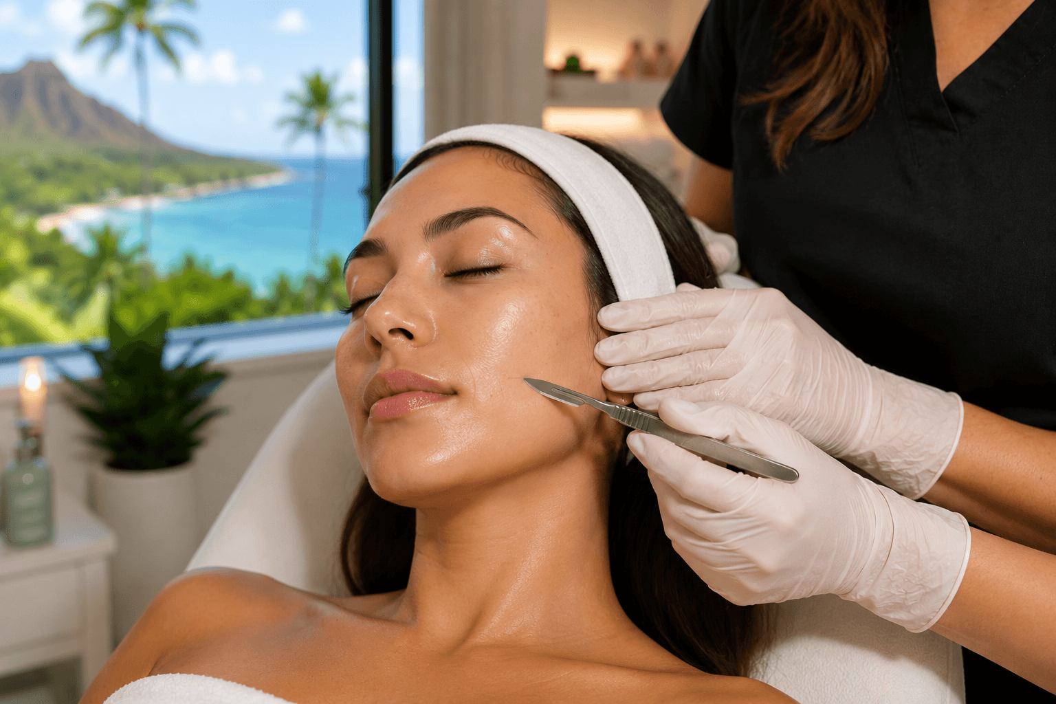 Dermaplaning exfoliation facial treatment at a medical spa on O'ahu, Hawaii