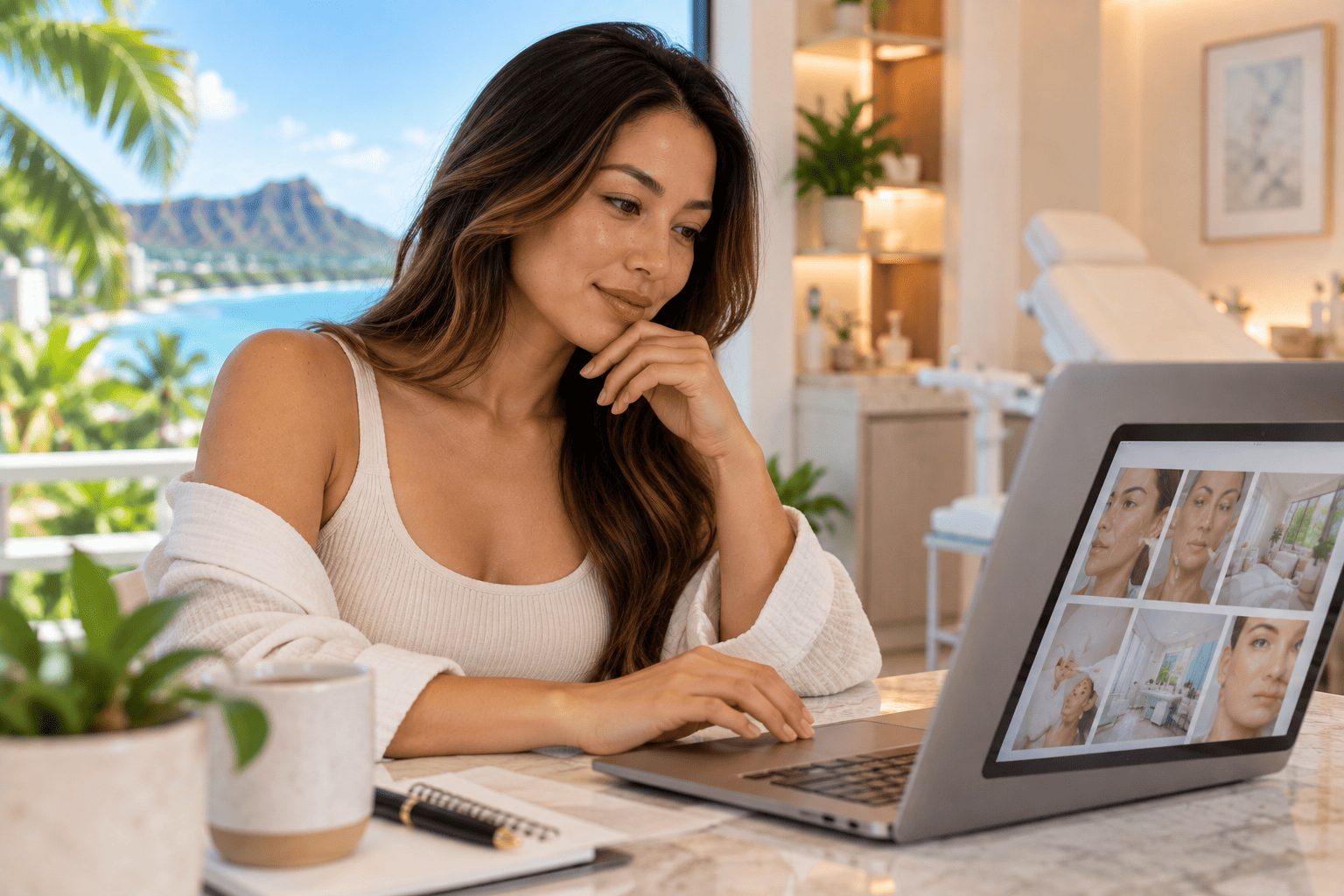 Client browsing medispa treatment options on O'ahu, Hawaii for skin and wellness concerns