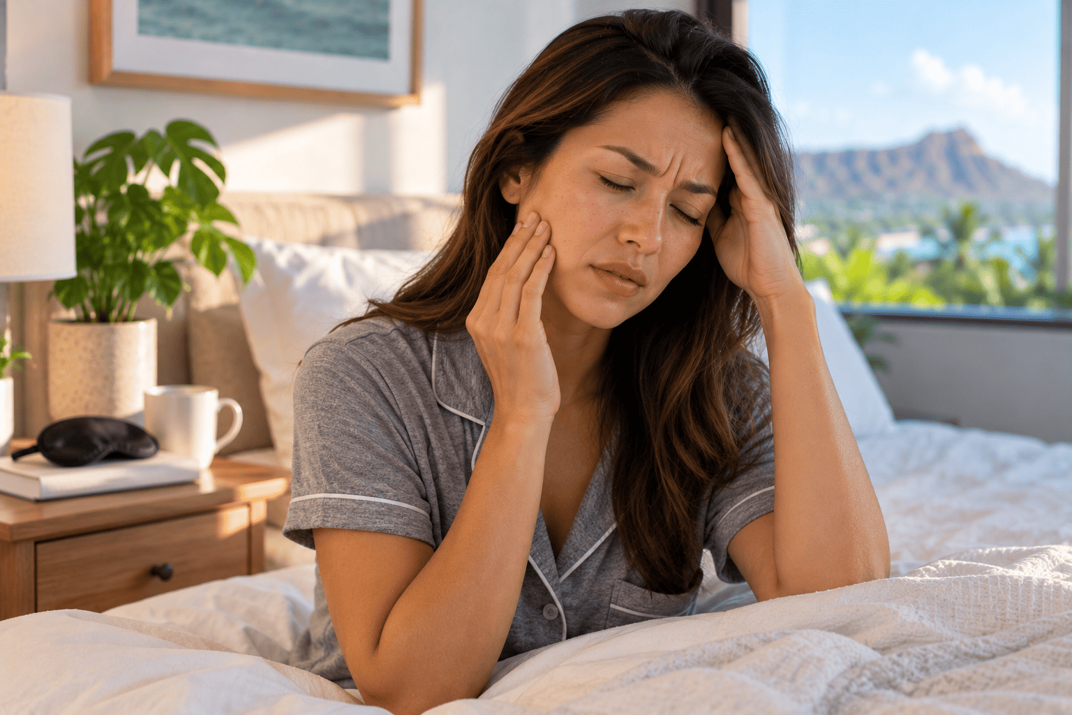 Woman on O‘ahu gently massaging her sore jaw in the morning, a common sign of TMJ tension and nighttime clenching