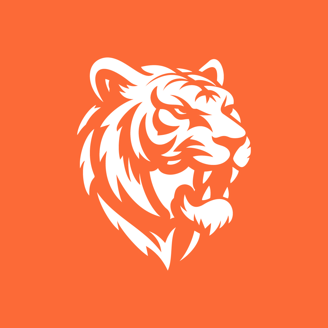 Stylized white tiger head with open mouth on an orange background.