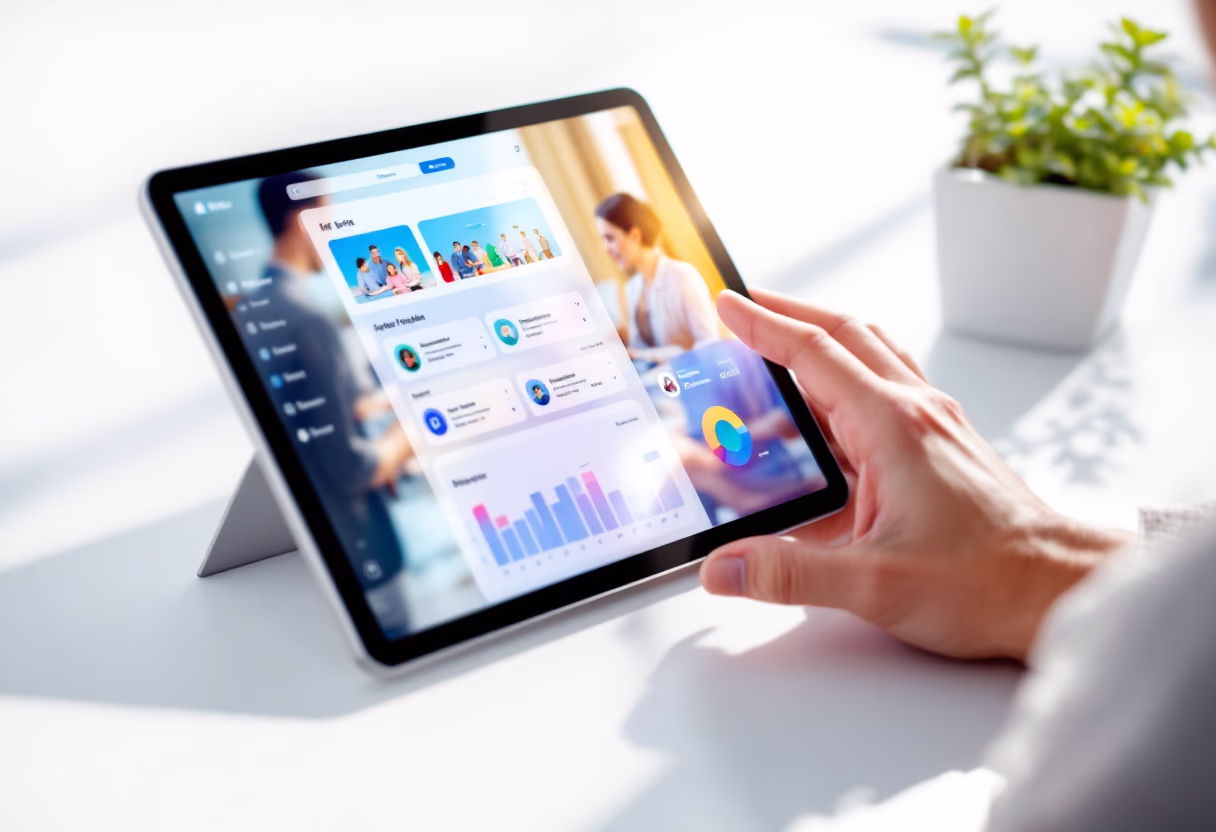 image of parents and staff discussing enrollment