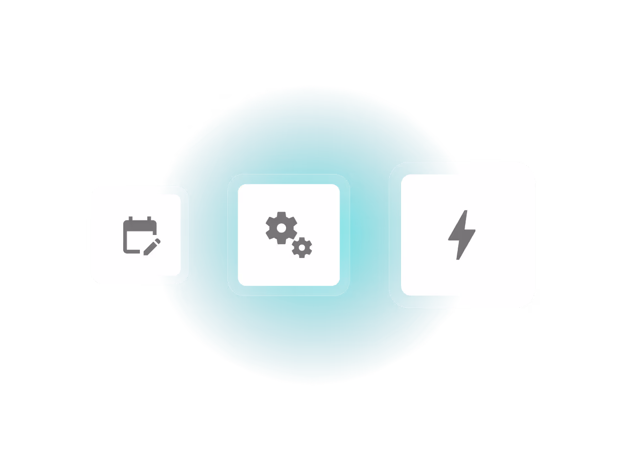 Three white squares with icons: a calendar with a pencil, two gears, and a lightning bolt, arranged horizontally over a teal circle background.
