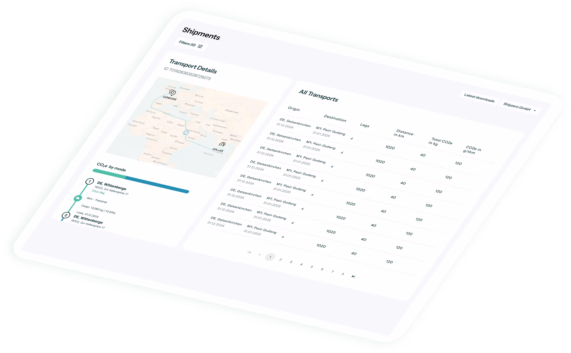 Tablet screen showing a shipment tracking dashboard with transport details, a route map from Gonesse to Ginuee, CO2 emission data, and a table listing multiple shipments from Gelsenkirchen, Germany to Pasir Gudang, Malaysia.