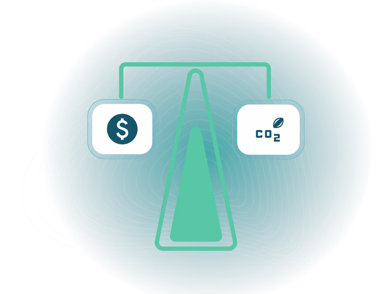 Green balance scale with dollar sign on left side and CO2 with leaf icon on right side against a blue background.