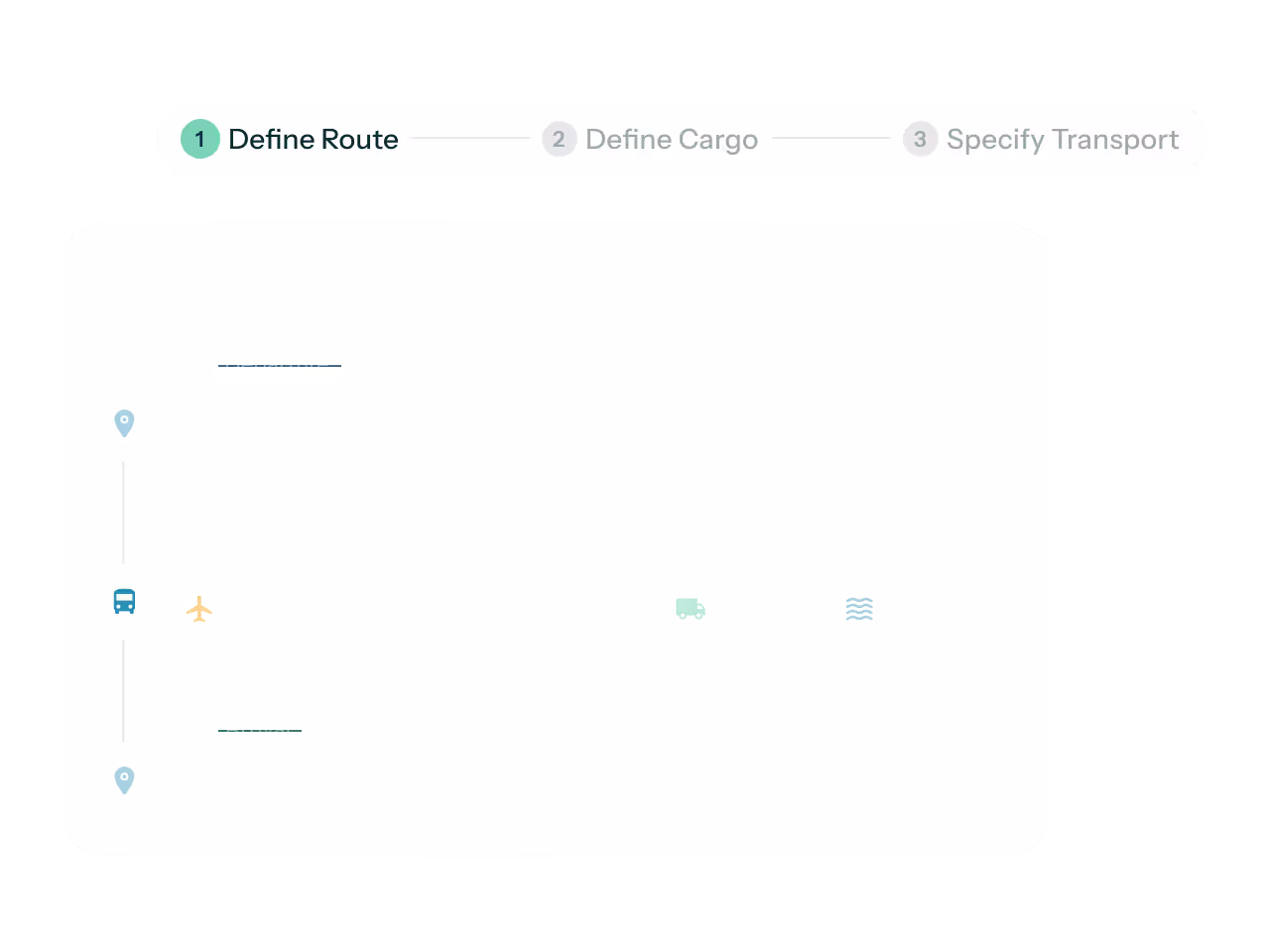 Step one of a three-step process highlighting Define Route with a vertical line connecting bus and airplane icons between two location markers, and icons for truck and ship in a row.