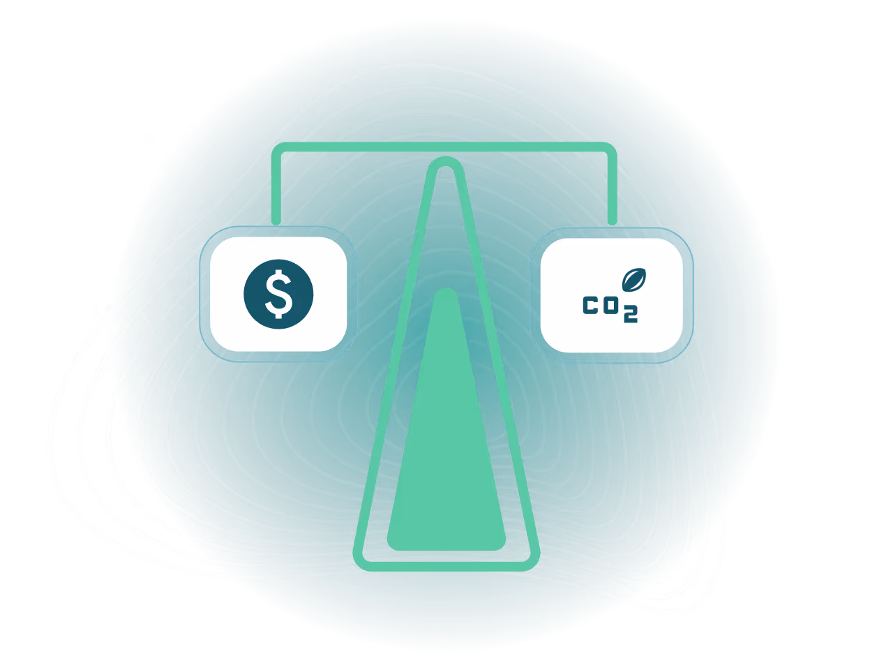 Illustration of a balance scale with a dollar sign on one side and a CO2 symbol with a leaf on the other.