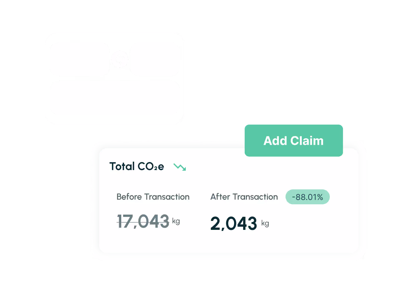 Dashboard showing Total CO2e before and after a transaction with a decrease of 88.01%, from 17,043 kg to 2,043 kg, with a green Add Claim button.