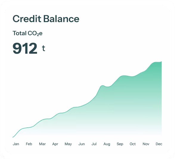 Graph showing Credit Balance of total CO2e reaching 912 tons by December, with gradual monthly increase.