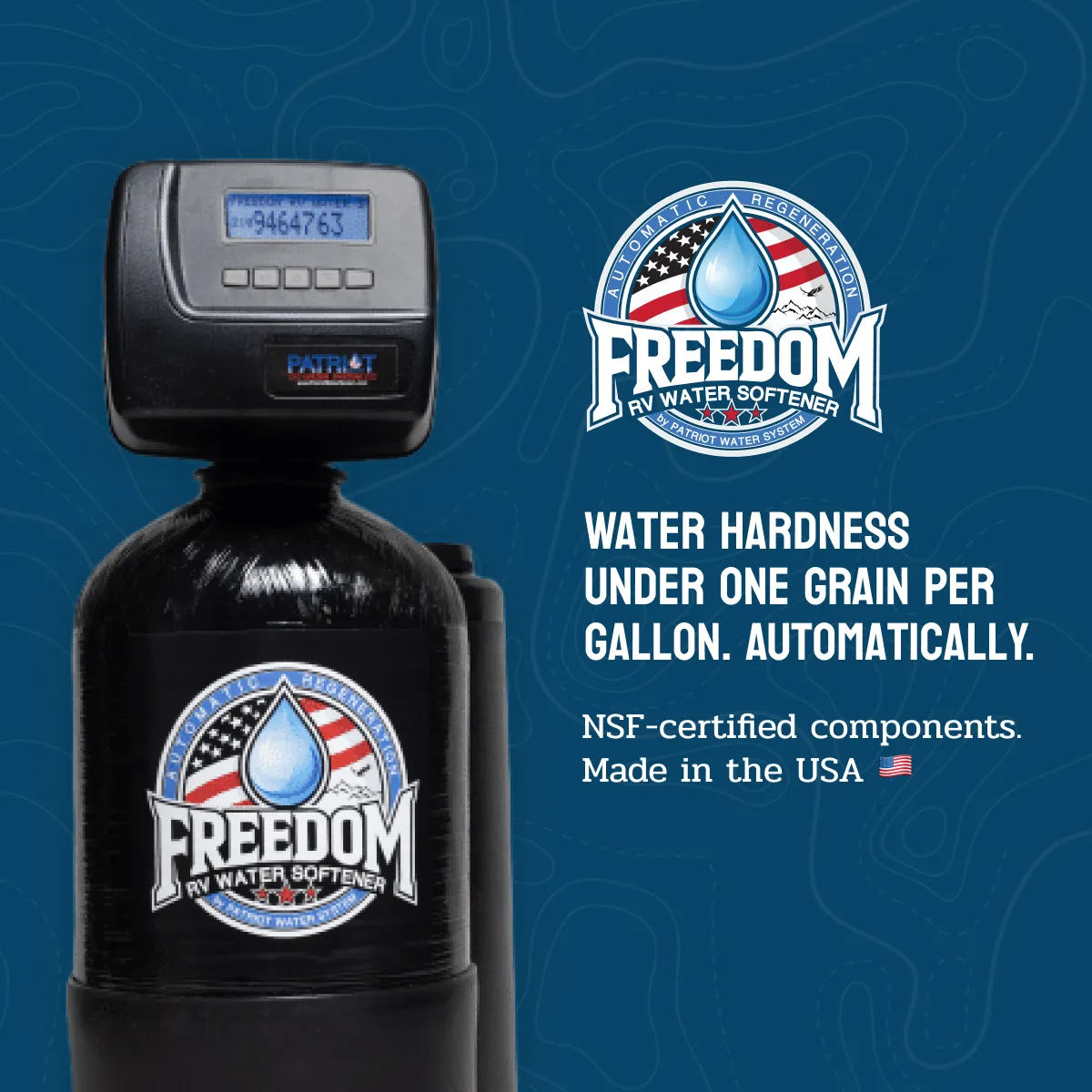 Freedom RV water softener unit with digital display and text about water hardness under one grain per gallon.