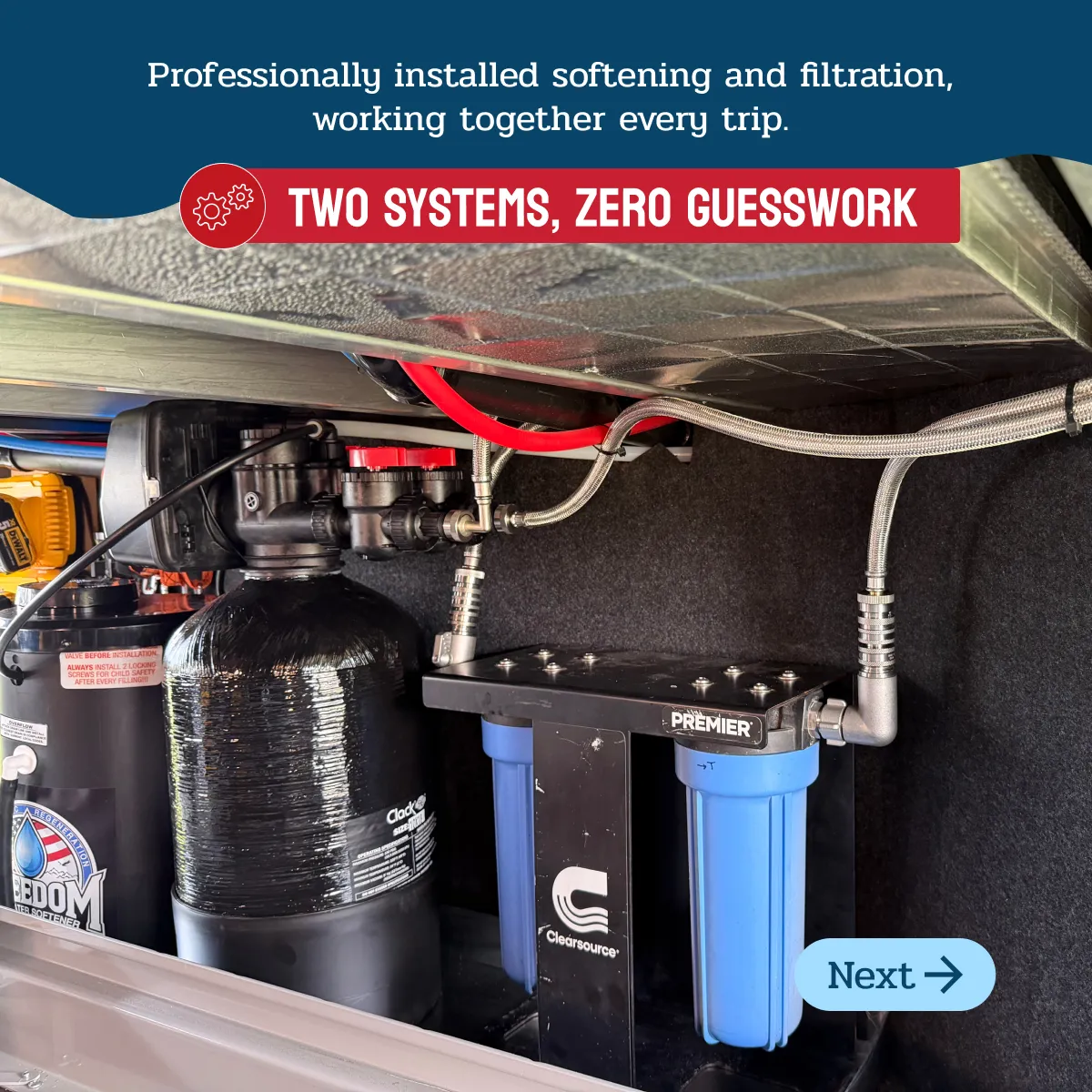 Professionally installed water softening and filtration system with two connected units under a countertop.