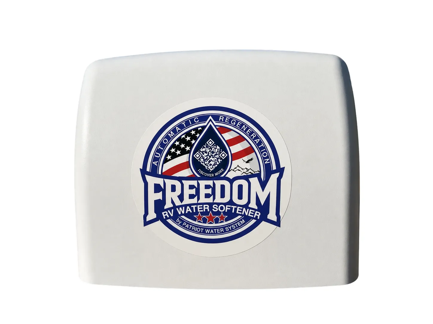 White rectangular box with rounded edges featuring a circular logo in the center that reads 'FREEDOM RV WATER SOFTENER by PATRIOT WATER SYSTEM' with an American flag, mountains, and a flying bird in the background, and a QR code inside a water droplet above the text.