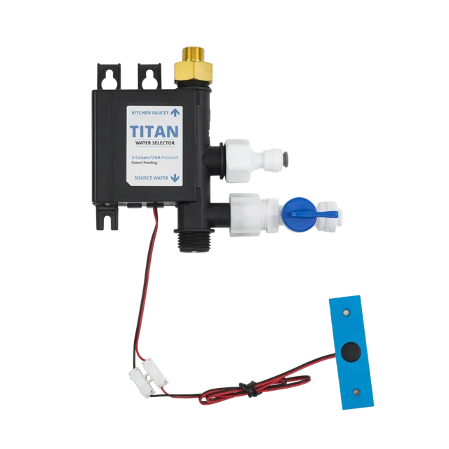 Titan water selector device with labeled kitchen faucet and source water inlets, featuring black and white plastic components, a brass connector, attached wires, and a blue switch control.