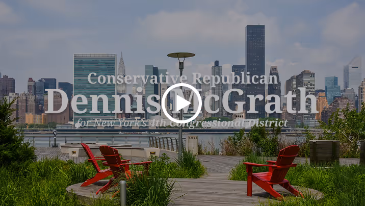 View of New York City skyline with a wooden boardwalk and red chairs in the foreground, overlaid with text promoting Dennis McGrath for New York's 14th congressional district.