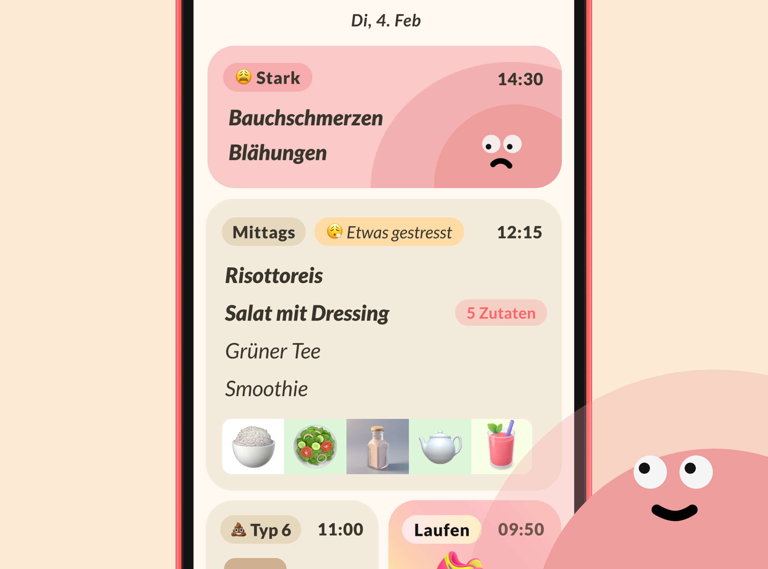 App-Bildschirm zeigt starke Bauchschmerzen, Mittagessen mit Risottoreis, Salat, Tee und Smoothie.