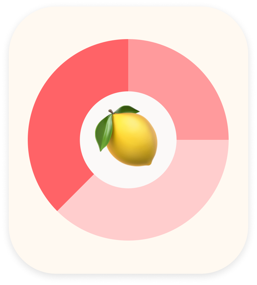 Drei unterschiedlich rote Segmente in einem Ringdiagramm mit einer Zitrone in der Mitte.