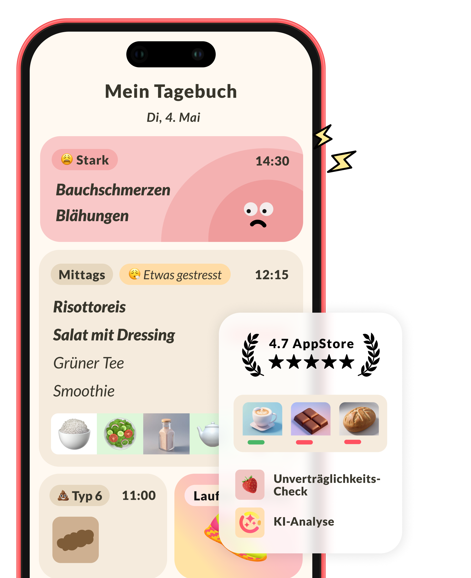 Smartphone zeigt Tagebuch-App mit Symptomen, Mahlzeiten und App-Bewertung von 4,7 Sternen.