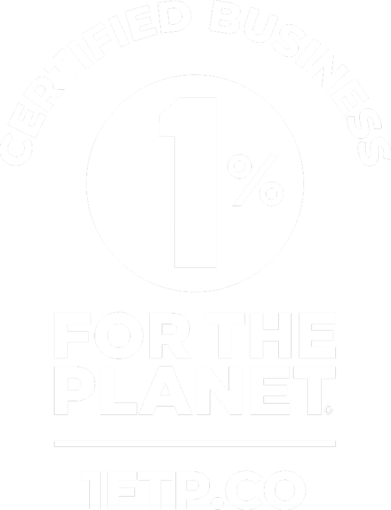 Logo with text 'Certified Business' arching over a large '1%' inside a circle, below it reads 'For The Planet' and a horizontal line above '1FTP.CO'.