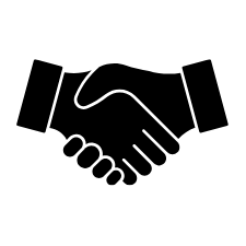 Black and white icon of two hands shaking representing agreement or partnership.