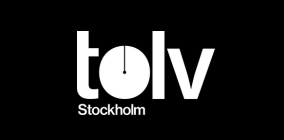 Logo with bold black text 'tolv' and a clock integrated into the letter 'o', with the word 'Stockholm' below.