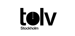 Logo with the word 'tolv' where the letter 'o' resembles a clock showing 12 o'clock, with 'Stockholm' written below.