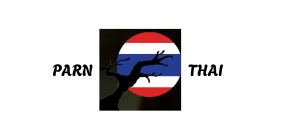 Silhouette of a branch with two birds against a circular background resembling the Thai flag, with text 'PARN' on the left and 'THAI' on the right.