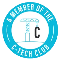 Blue circular badge with a crane lifting the letter C and text reading 'A Member of the C-Tech Club'.