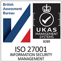 ISO 27001 Information Security Management certification logo with British Assessment Bureau and UKAS Management Systems marks.