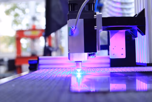 Close-up of a laser cutting machine engraving a sheet of material with blue and purple light.