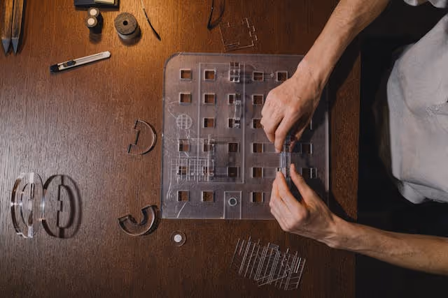 Person's hands working on a transparent architectural model or template on a wooden table, surrounded by drawing tools and small model pieces.