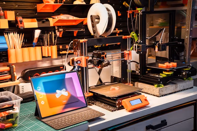 Workspace with two 3D printers, an iPad on a keyboard stand displaying 3D printing software, and various orange 3D printing tools and filament on shelves.