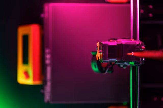 Close-up of a 3D printer nozzle and heating element with purple and green lighting effects.