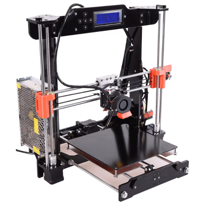 Desktop 3D printer with black frame, metal rods, red plastic parts, and a digital display screen.