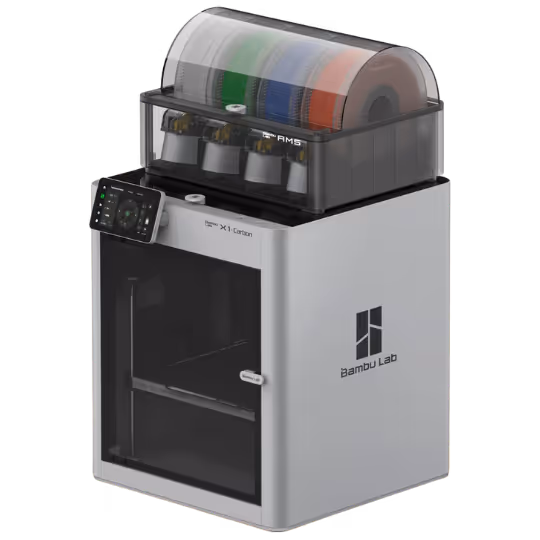 Bambu Lab 3D printer model X1 Carbon with four color filament cartridges on top and touchscreen control panel on the side.