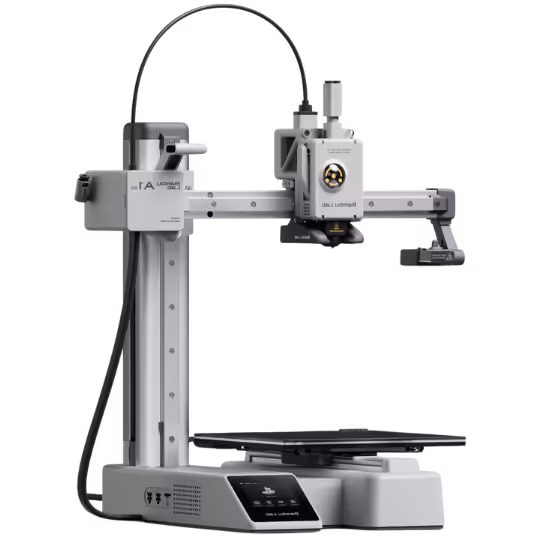Bambu Lab 3D printer with a horizontal arm, vertical support, and touch screen interface on the base.