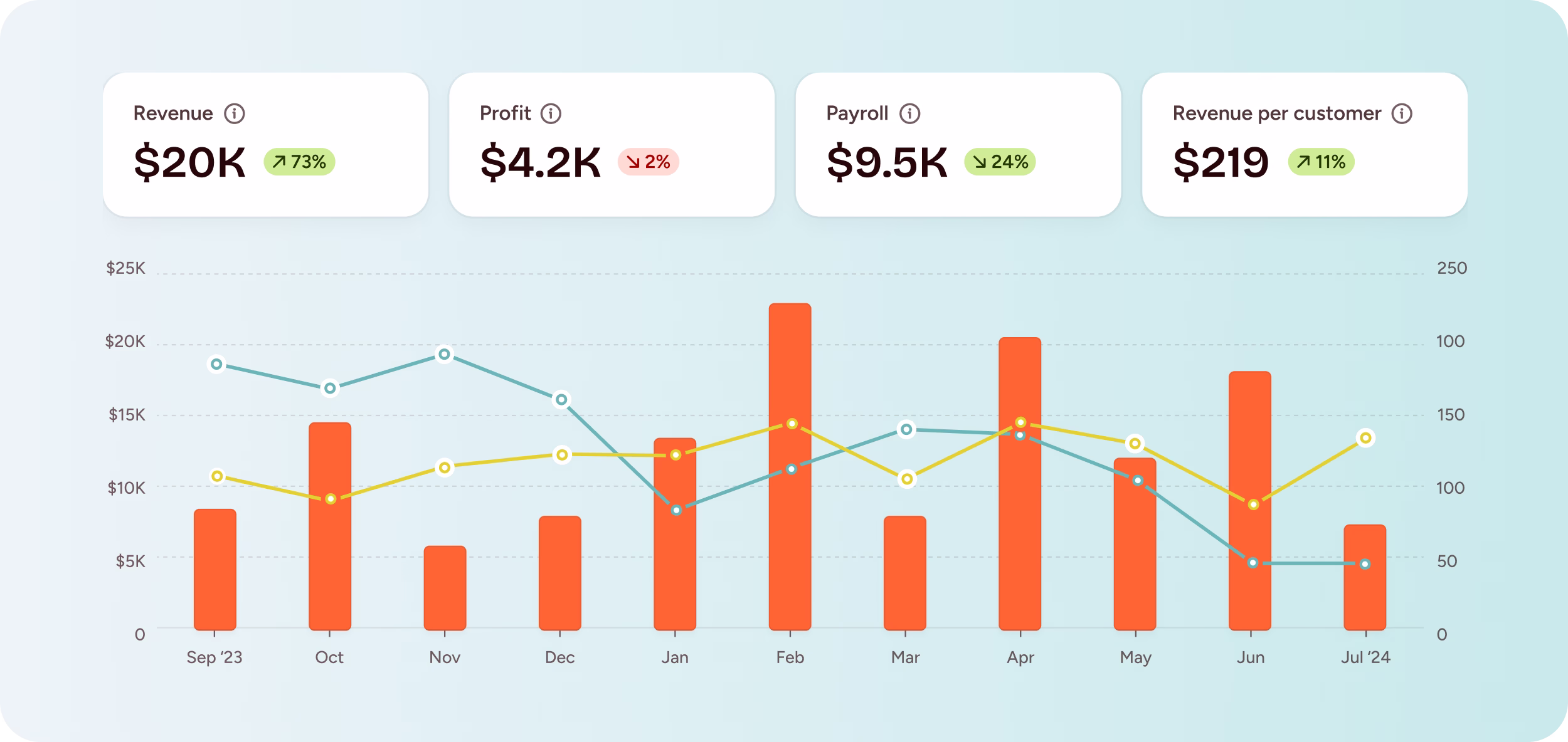 Bar and line chart showing monthly financial data and trends from September 2023 to July 2024 with revenue at $20K up 73%, profit $4.2K down 2%, payroll $9.5K down 24%, and revenue per customer $219 up 11%.