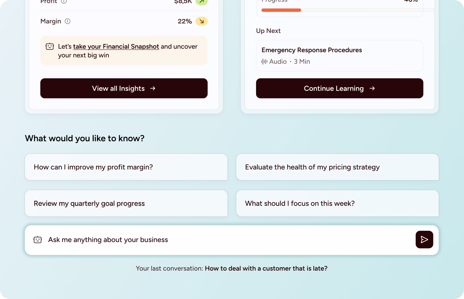 Business dashboard interface showing options to improve profit margin, evaluate pricing strategy, review quarterly goals, and weekly focus with a chatbot input box.