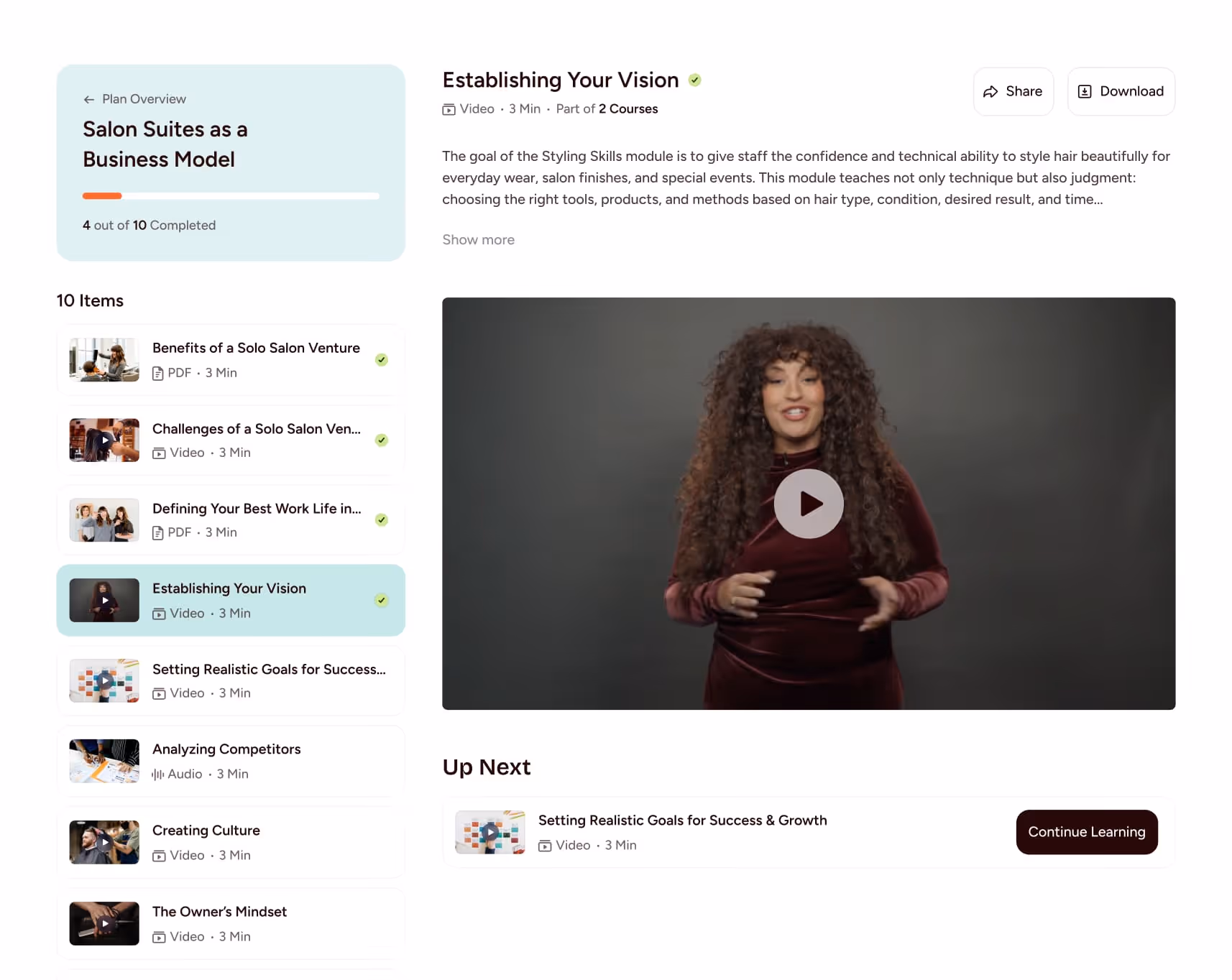 Online course interface showing Pro Beauty Essentials with 4 of 10 items completed, featuring a Styling Skills video of a woman blow-drying another woman's hair in a salon.
