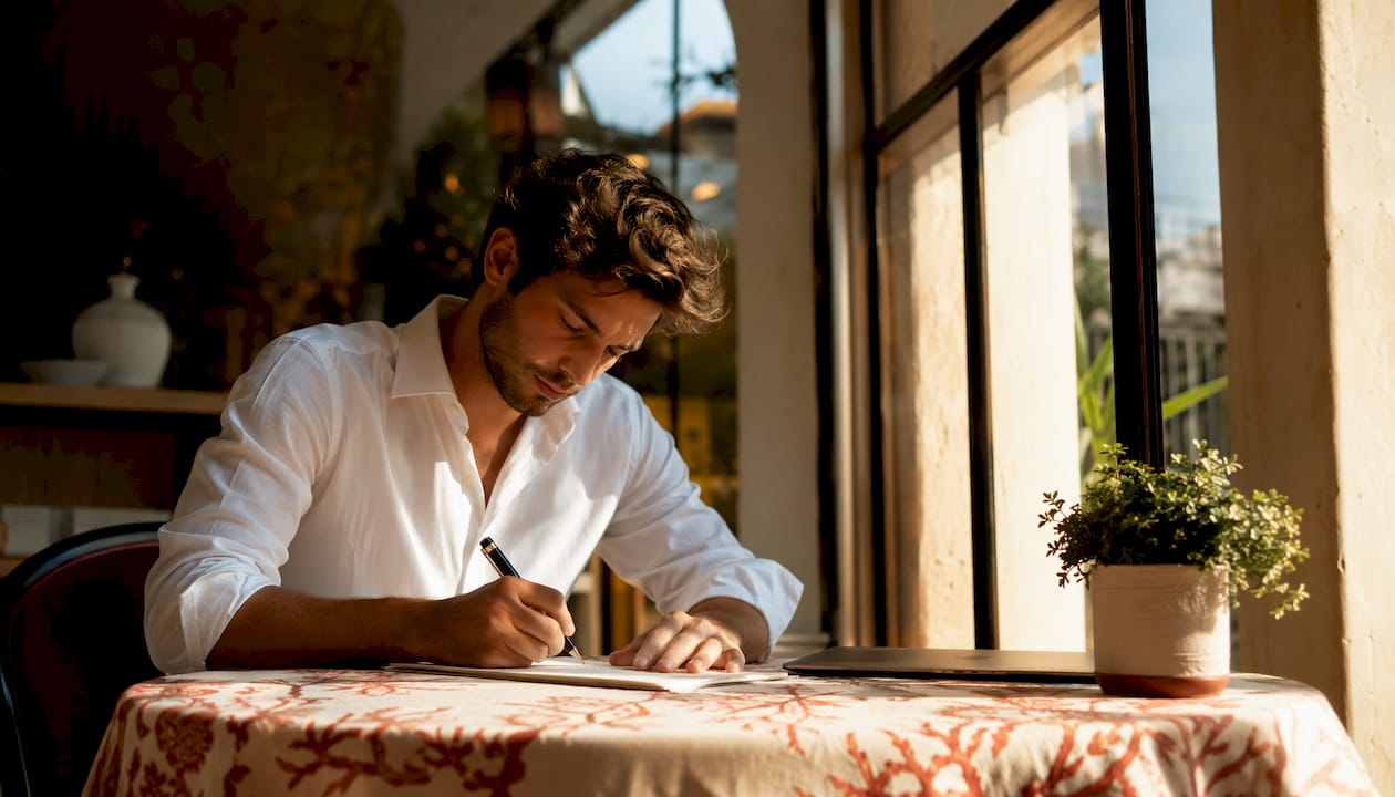 Stylist writing price increase letter at desk