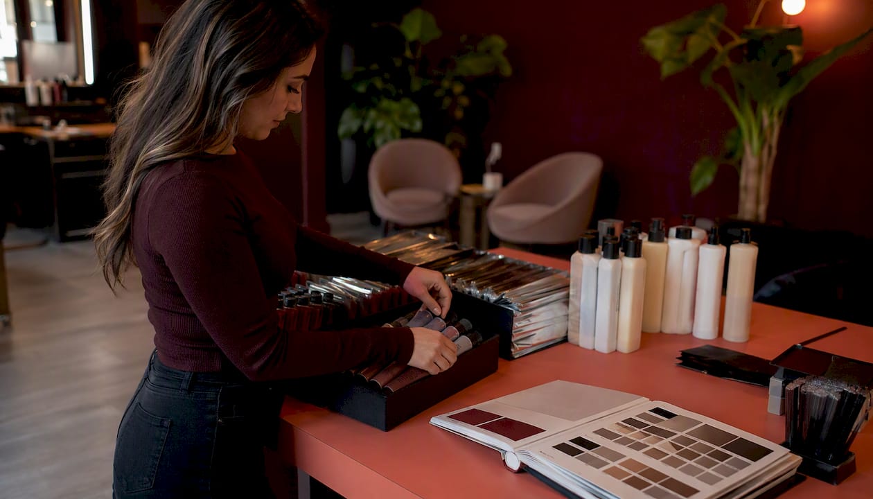 Hands sorting categorized salon inventory products