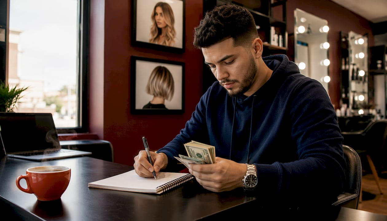Booth renter tallying deductions in salon suite